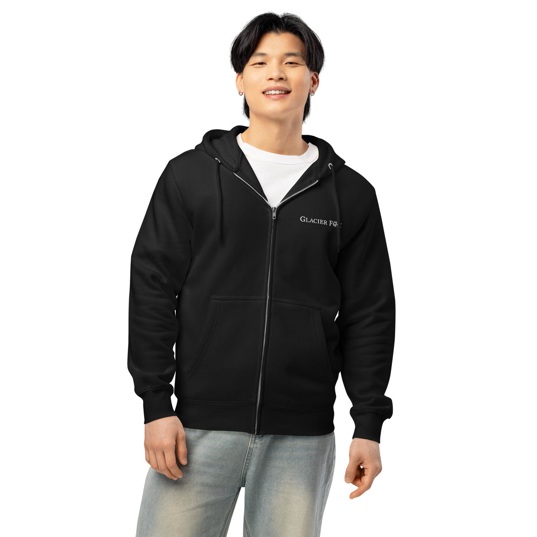 Model wearing GlacierFox men’s zip hoodie featuring a white embroidered GlacierFox logo on the front and relaxed everyday fit in Black