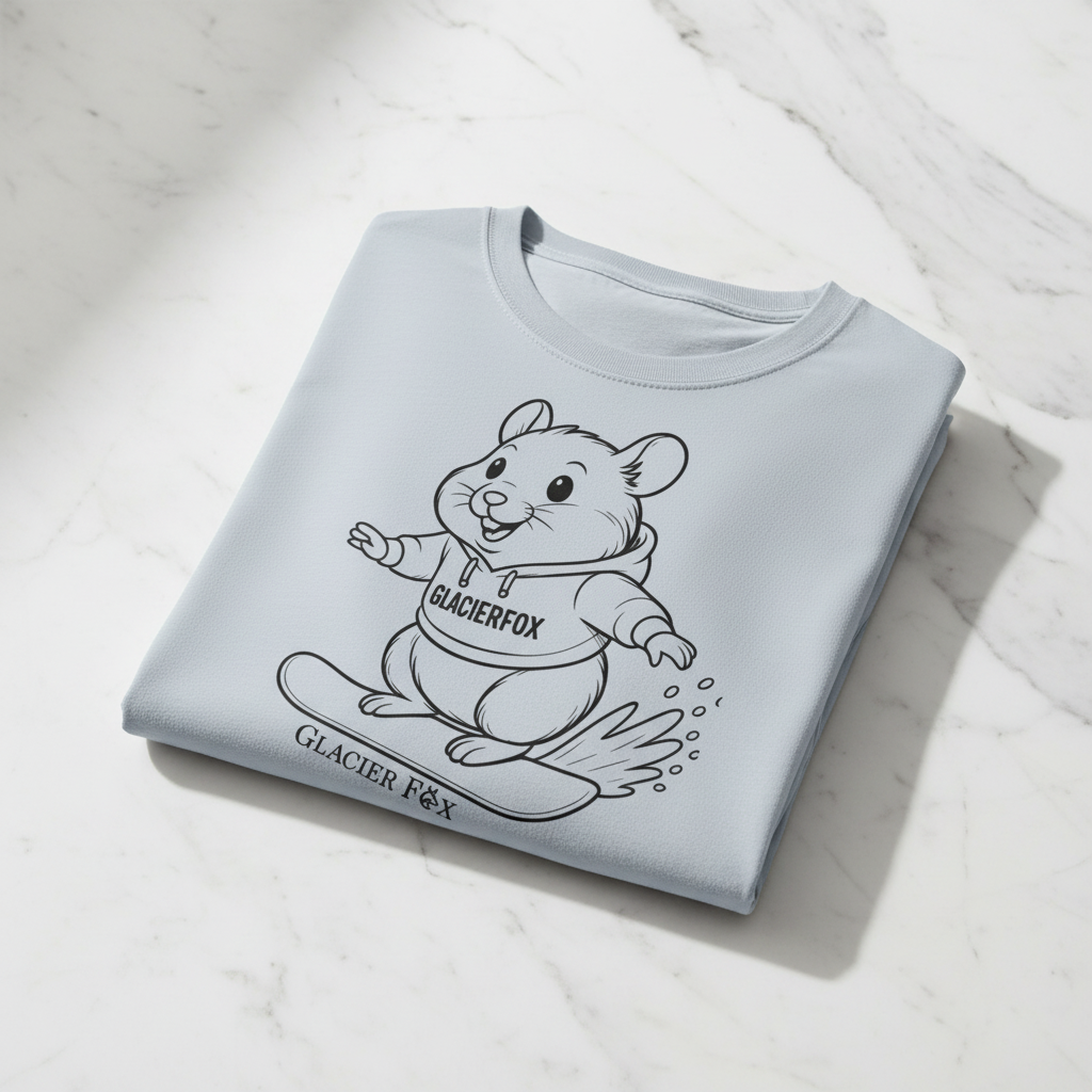 Folded snowboarding Mr Cheeks apparel on marble surface for GlacierFox Mr Cheeks Character Series