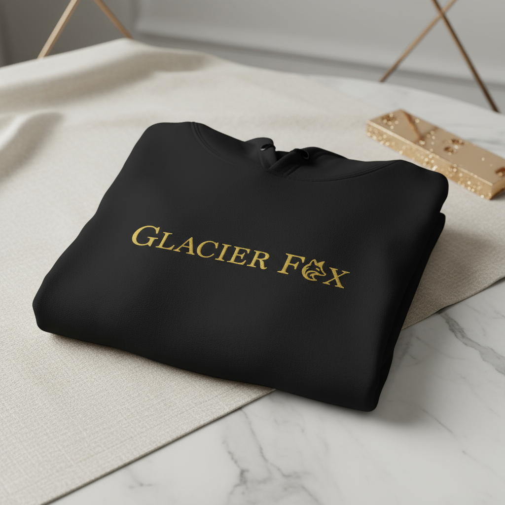 Folded GlacierFox embroidered logo apparel on marble surface for Signature Collection