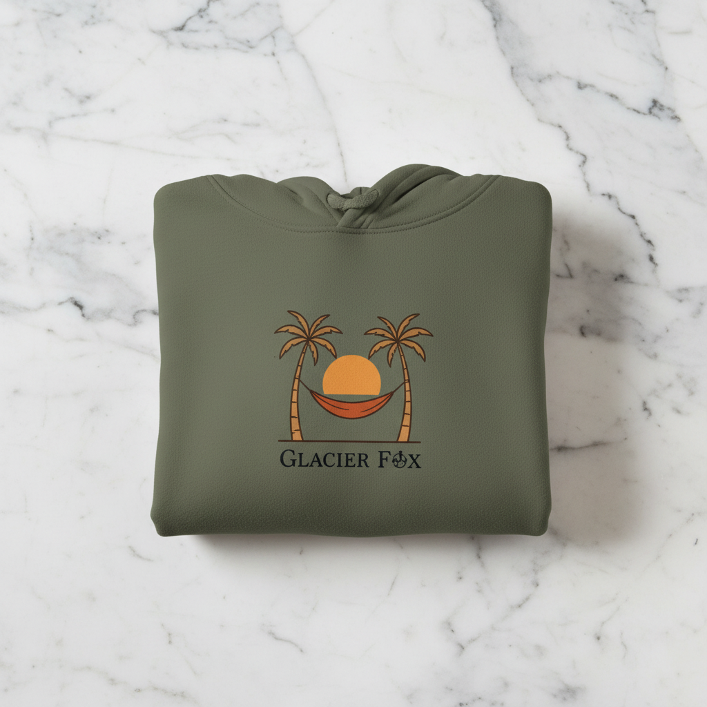 Folded sunset hoodie on marble surface for GlacierFox Nature Series collection