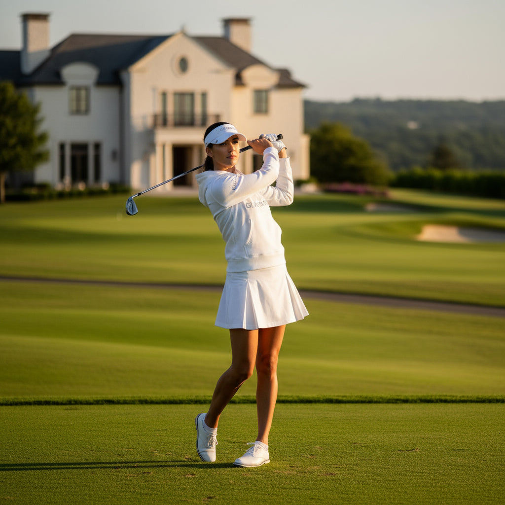 Woman playing golf on a well-maintained course with a house in the background