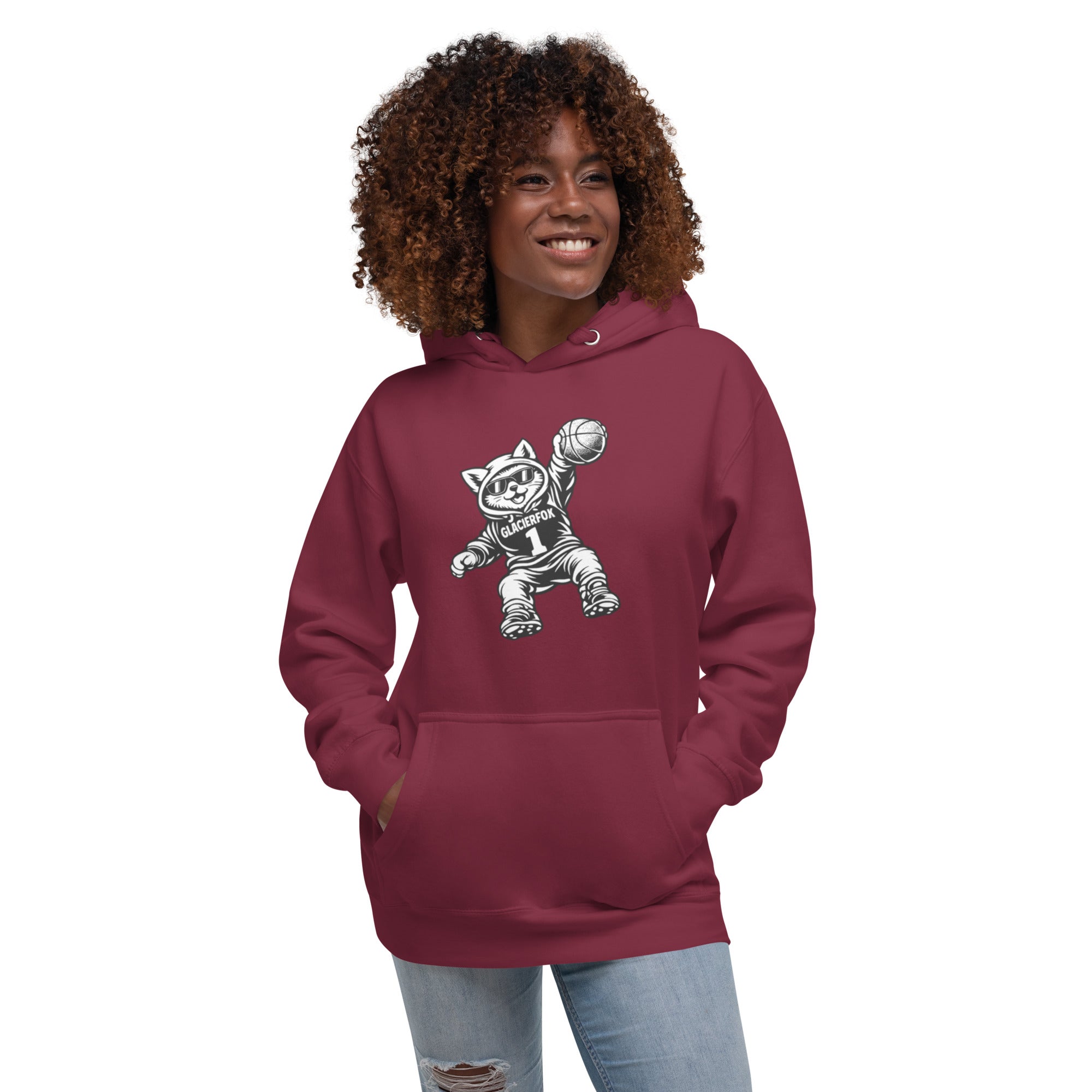 Model wearing GlacierFox Women’s Slam Dunk Gilbert Hoodie styled with modern streetwear and urban fashion in Maroon