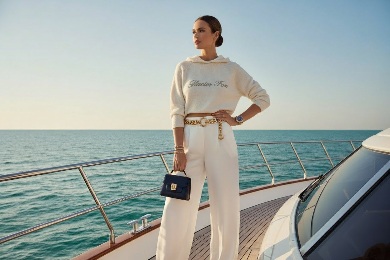 Woman in a white outfit standing on a yacht with ocean and sky in the background