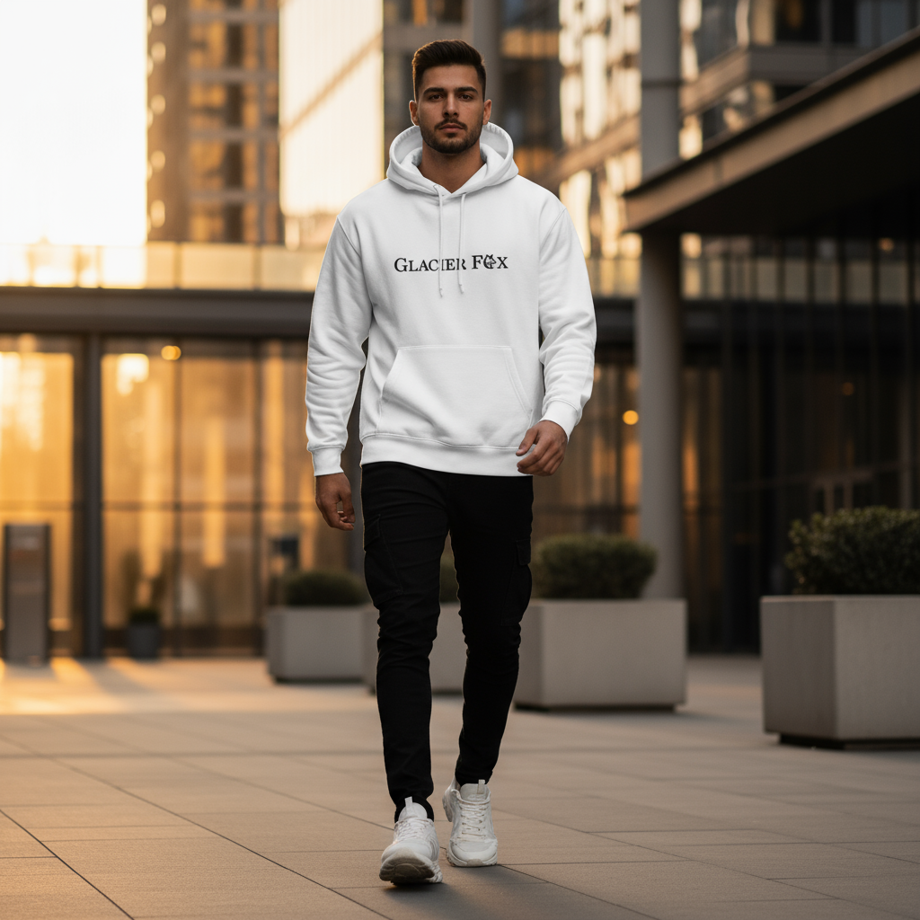 Man wearing a white hoodie with 'Glacier Fox' logo walking outdoors in an urban setting.