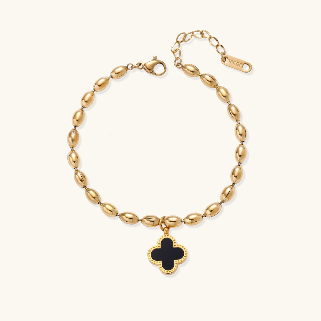 Side angle of bracelet highlighting polished gold beads