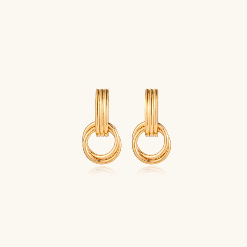 Front view of linear bar earrings with triple interlocking loops