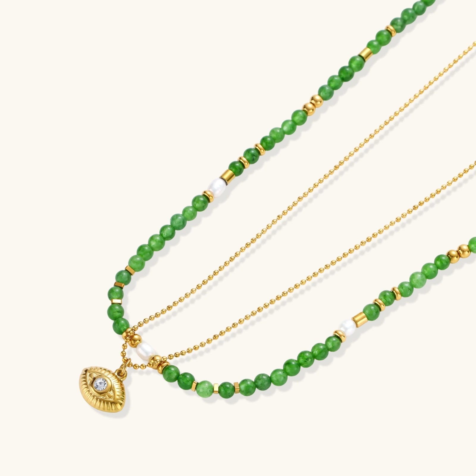 Angled view showing dual chain structure and pendant placement