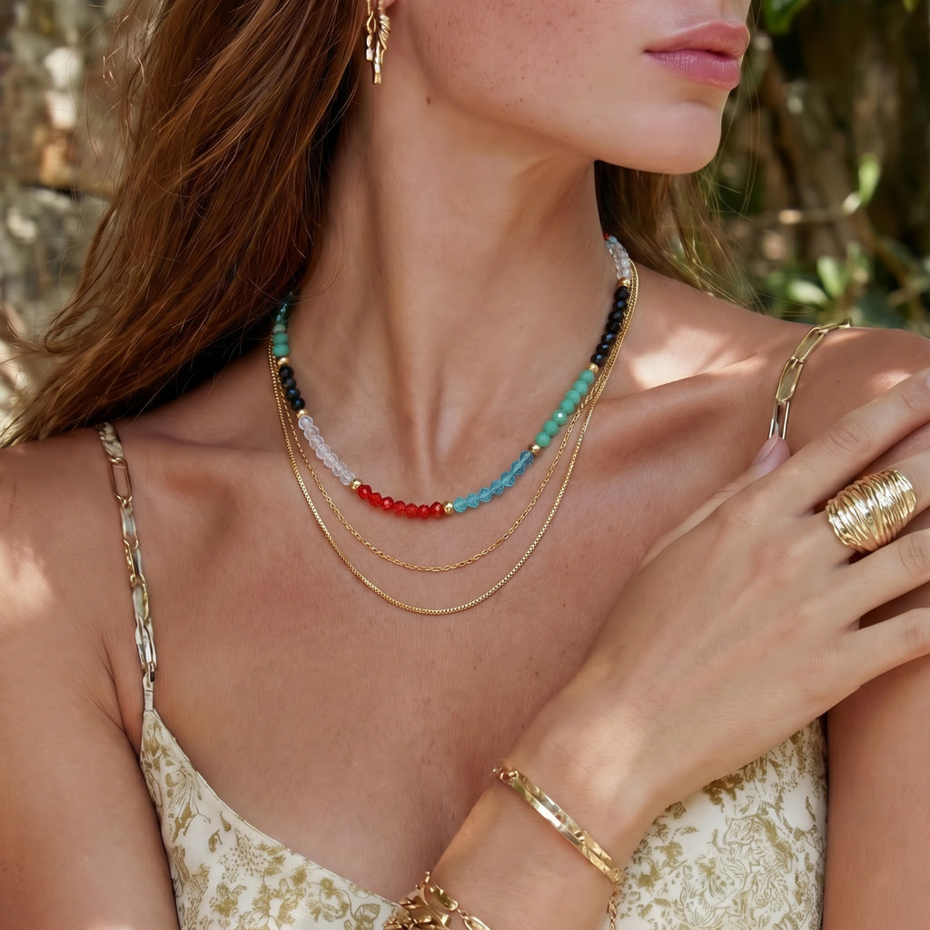 Model wearing GlacierFox Elements rainbow quartz layered necklace set in gold plated stainless steel