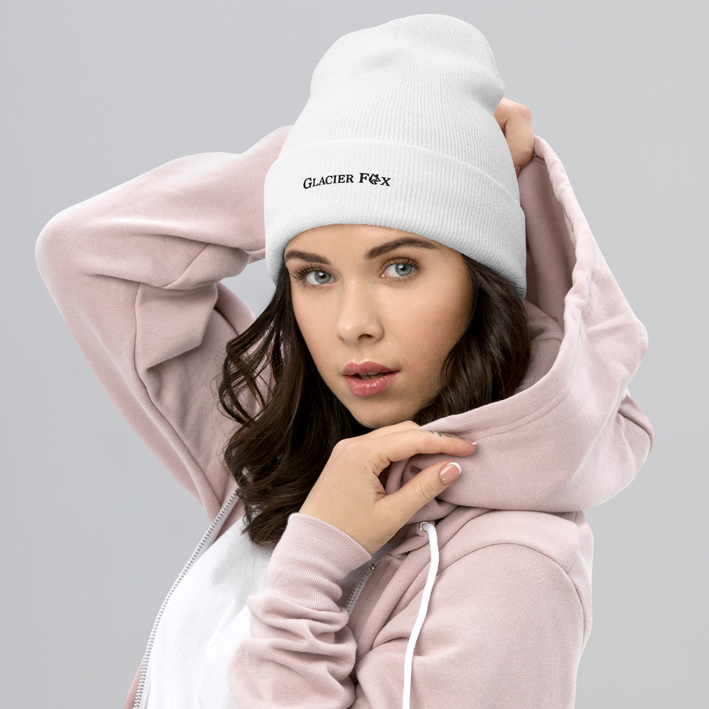 Model wearing GlacierFox Exclusive beanie with black embroidered logo and snug knit fit in White