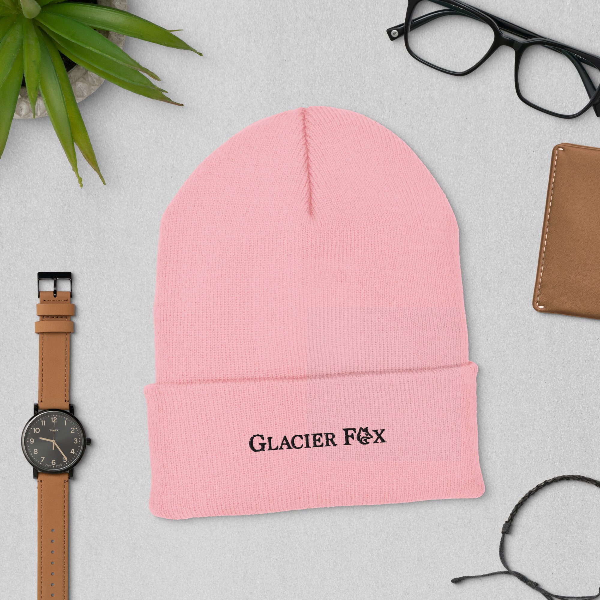GlacierFox Exclusive beanie with black embroidered logo in Baby Pink shown from front