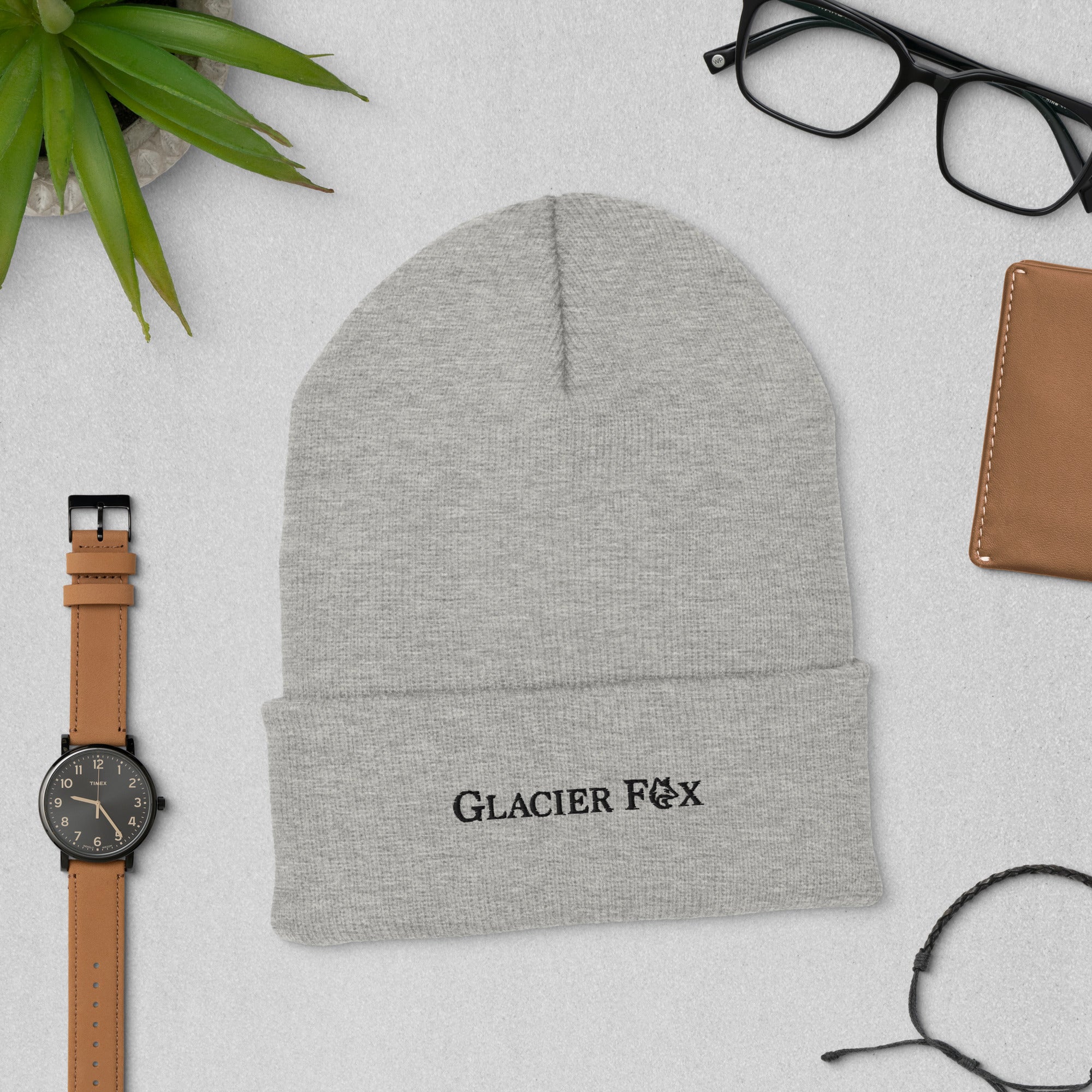 GlacierFox Exclusive beanie with black embroidered logo in Grey shown from front