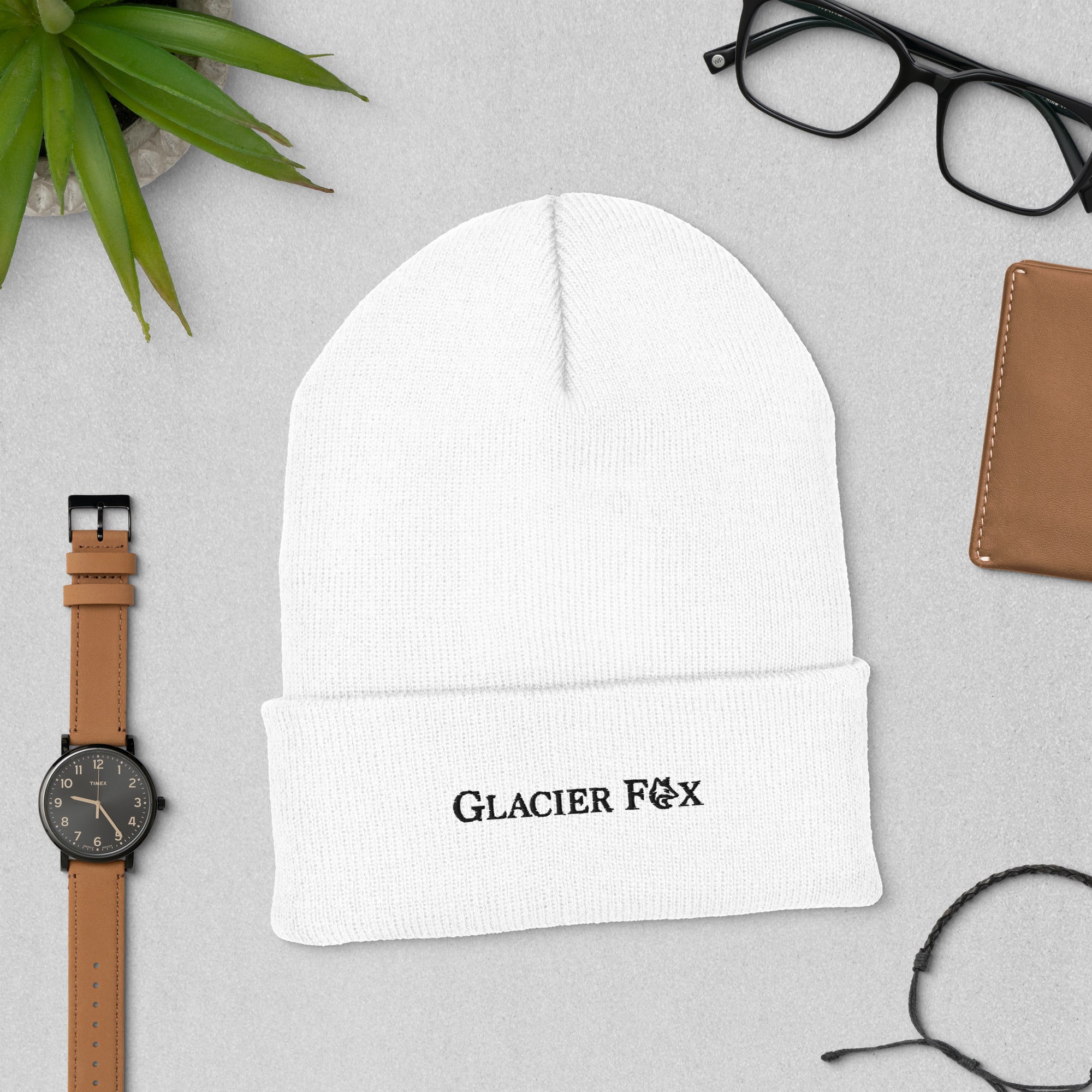 GlacierFox Exclusive beanie with black embroidered logo in White shown from front
