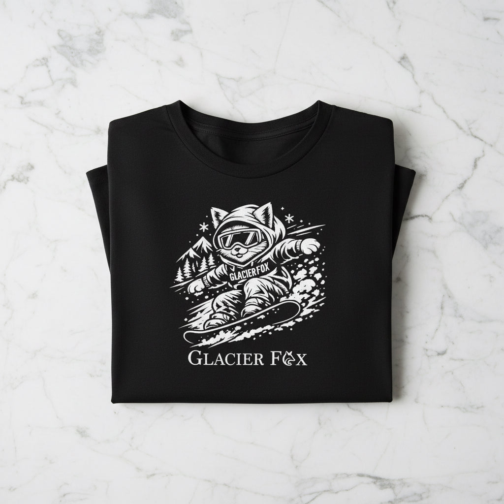 Folded snowboarding Gilbert apparel on marble surface for GlacierFox Gilbert Character Series