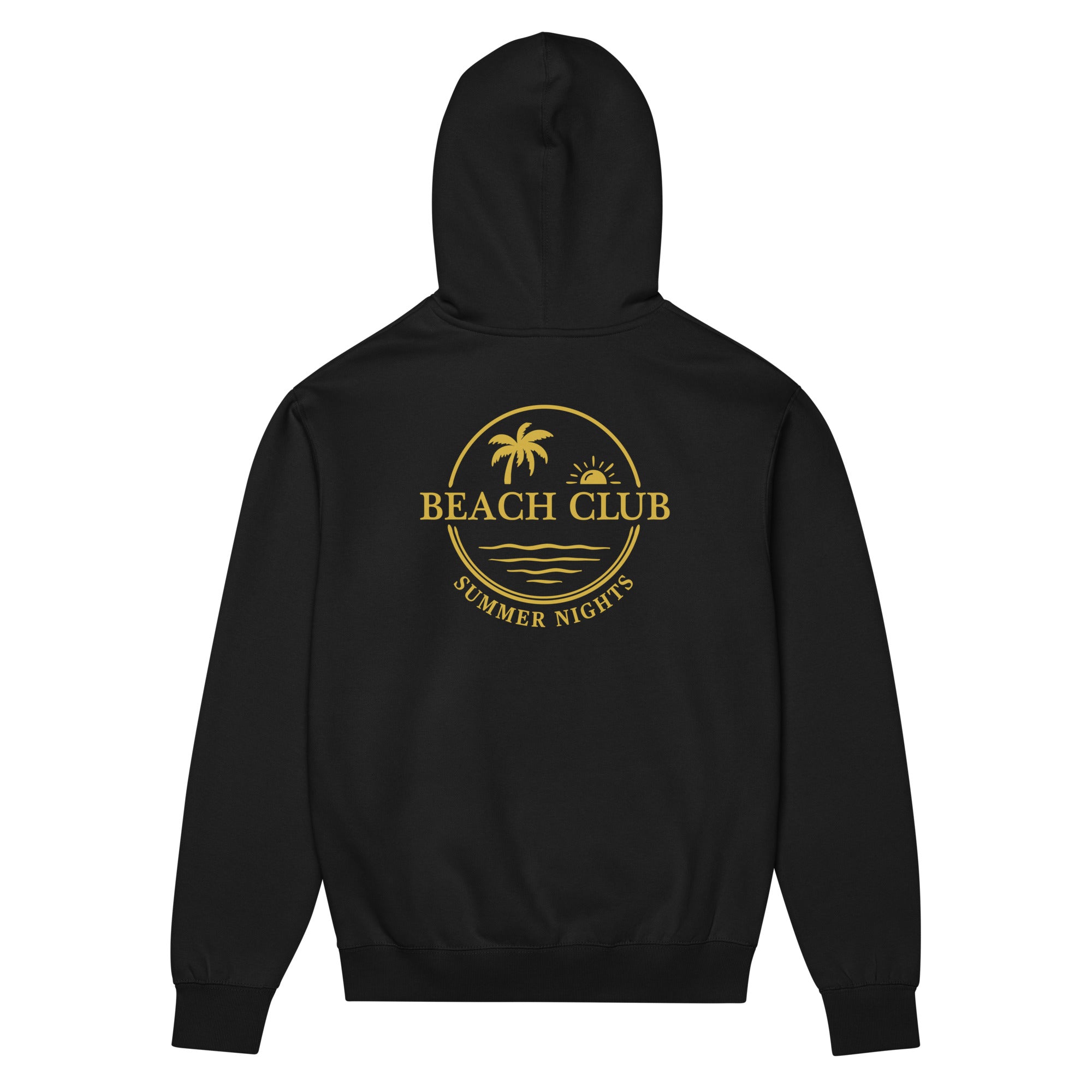 Back view of GlacierFox men’s Beach Club hoodie featuring the Beach Club back design and clean oversized streetwear silhouette in Black.