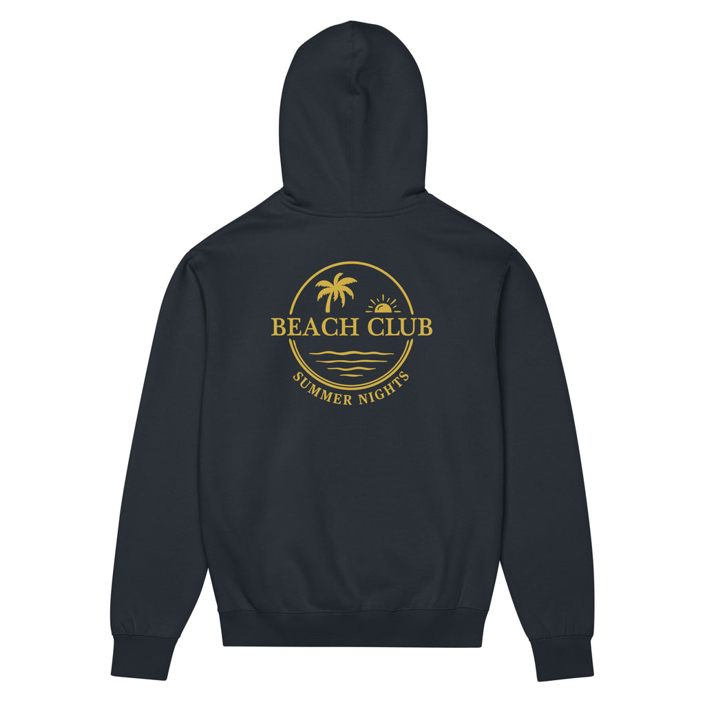 Back view of GlacierFox men’s Beach Club hoodie featuring the Beach Club back design and clean oversized streetwear silhouette in Navy Blazer