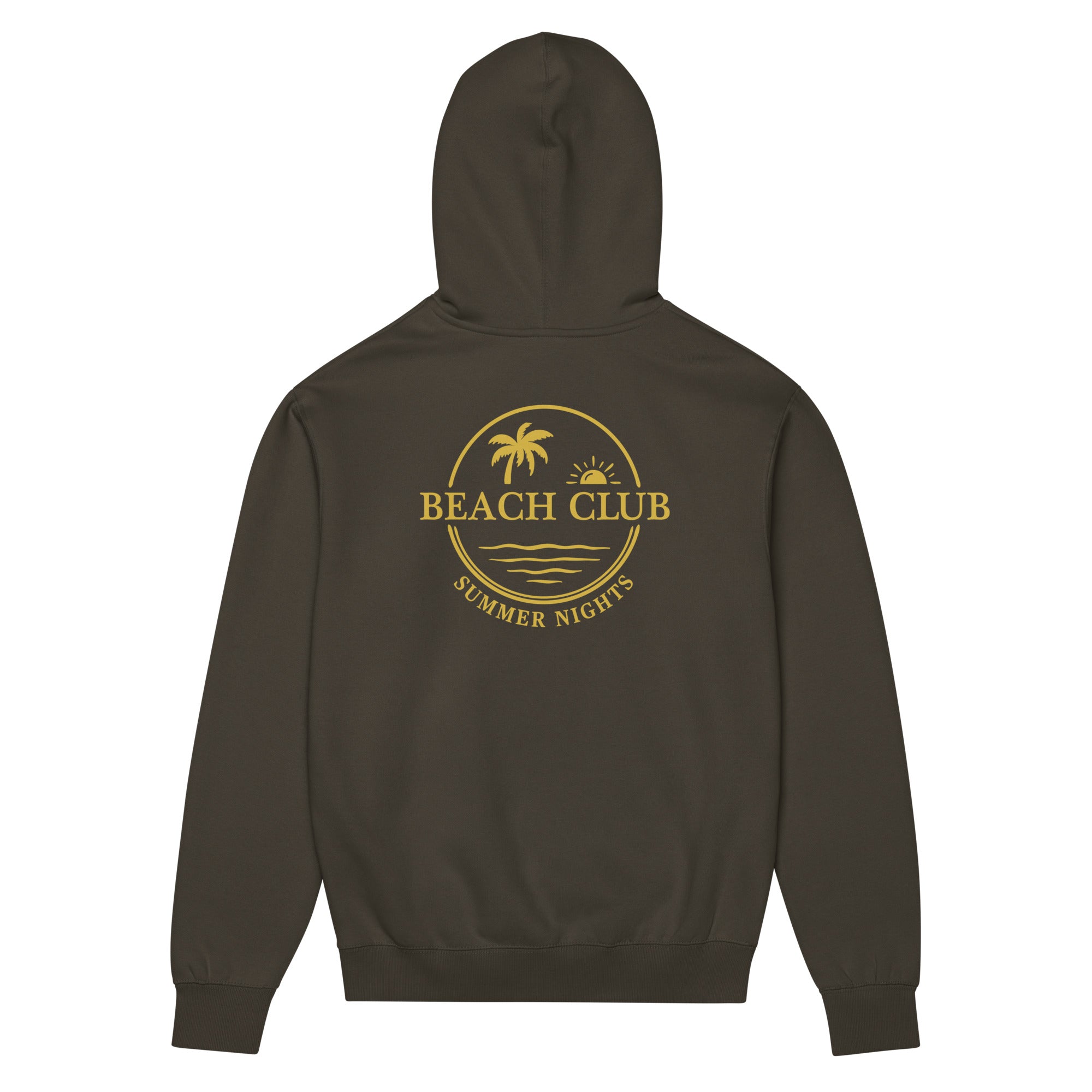 Back view of GlacierFox men’s Beach Club hoodie featuring the Beach Club back design and clean oversized streetwear silhouette in Vintage Black