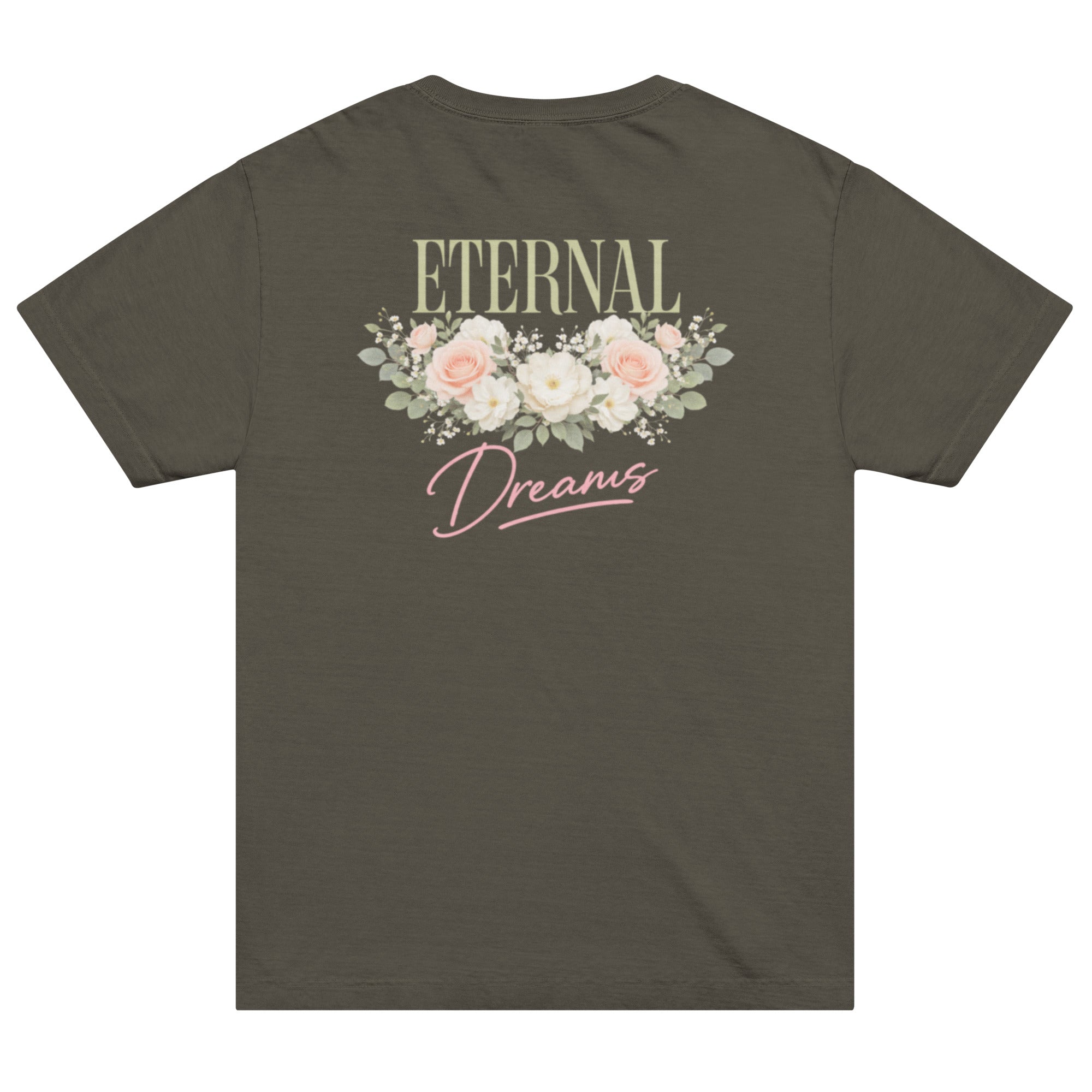 Back view of GlacierFox men’s Eternal Dreams t-shirt featuring bold “Eternal Dreams” typography design in Charcoal