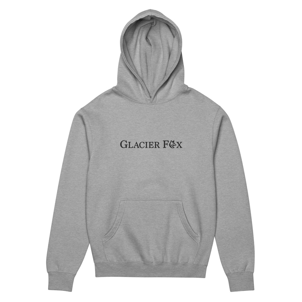 GlacierFox men’s Exclusive hoodie featuring a black embroidered GlacierFox logo on the front and oversized streetwear fit in Carbon Grey