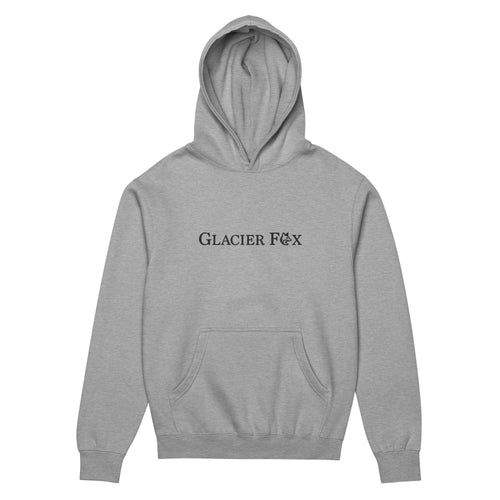 GlacierFox men’s Exclusive hoodie featuring a black embroidered GlacierFox logo on the front and oversized streetwear fit in Carbon Grey