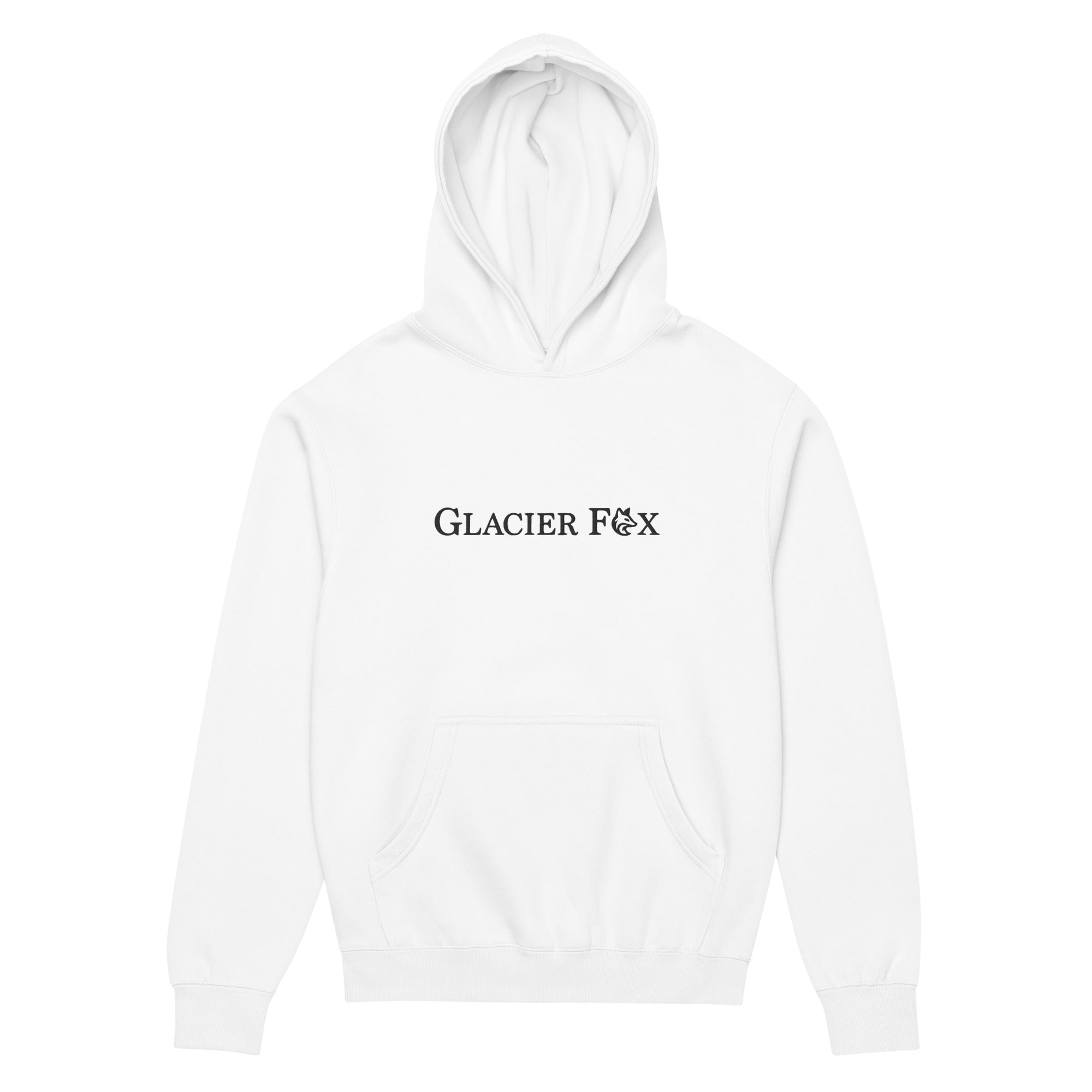 GlacierFox men’s Exclusive hoodie featuring a black embroidered GlacierFox logo on the front and oversized streetwear fit in White