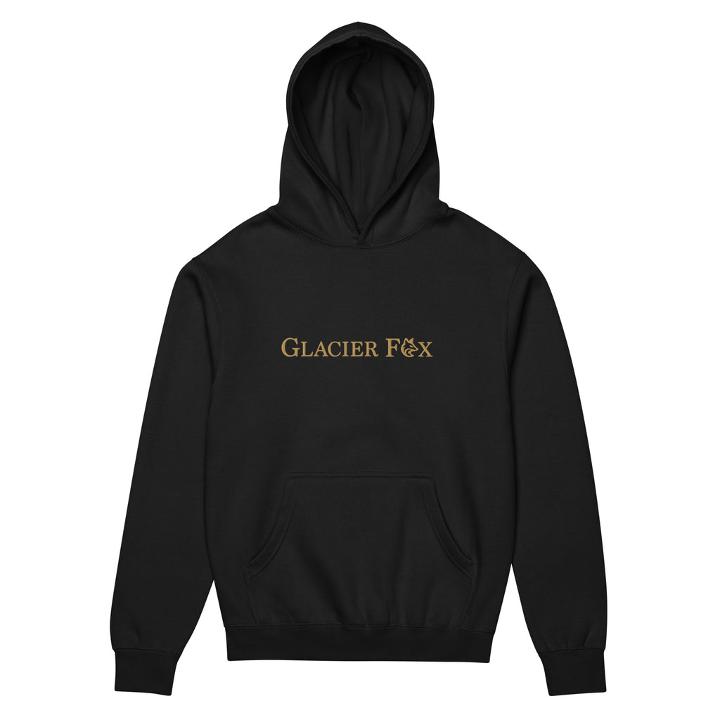 GlacierFox men’s Exclusive hoodie featuring a gold embroidered GlacierFox logo on the front and oversized premium streetwear fit in Black