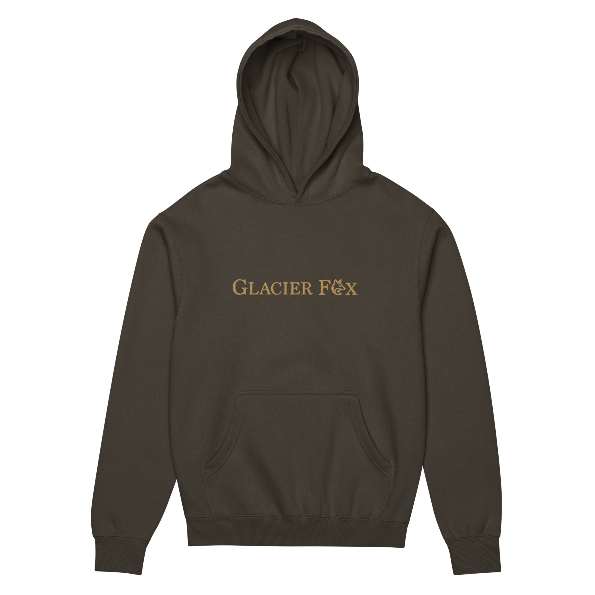 GlacierFox men’s Exclusive hoodie featuring a gold embroidered GlacierFox logo on the front and oversized premium streetwear fit in Vintage Black
