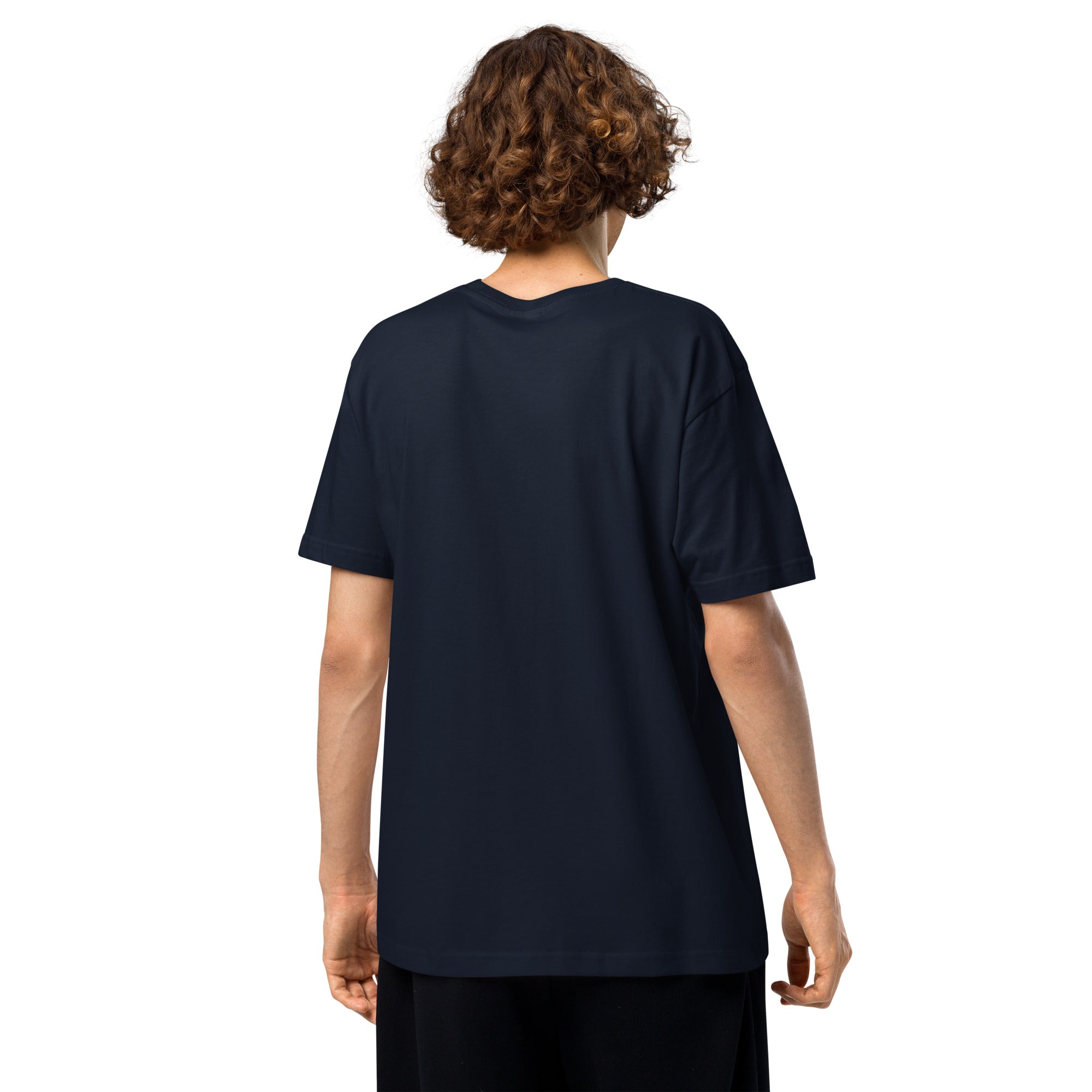 Back view of model wearing GlacierFox men’s Gilbert Slam Dunk t-shirt showing clean minimalist back in Navy