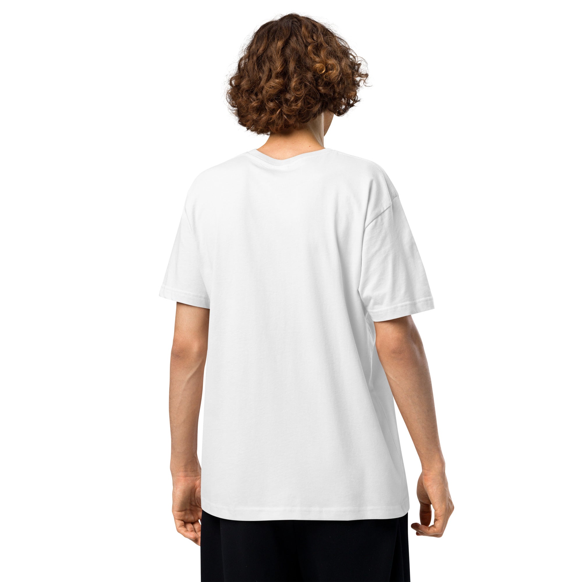 Back view of model wearing GlacierFox men’s Gilbert Slam Dunk t-shirt showing clean minimalist back in White