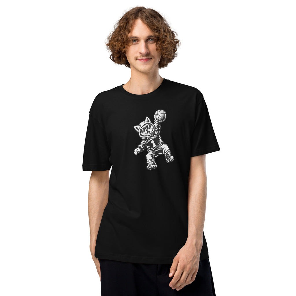 Model wearing GlacierFox men’s Gilbert Slam Dunk t-shirt featuring the Gilbert basketball character graphic on the front in Black