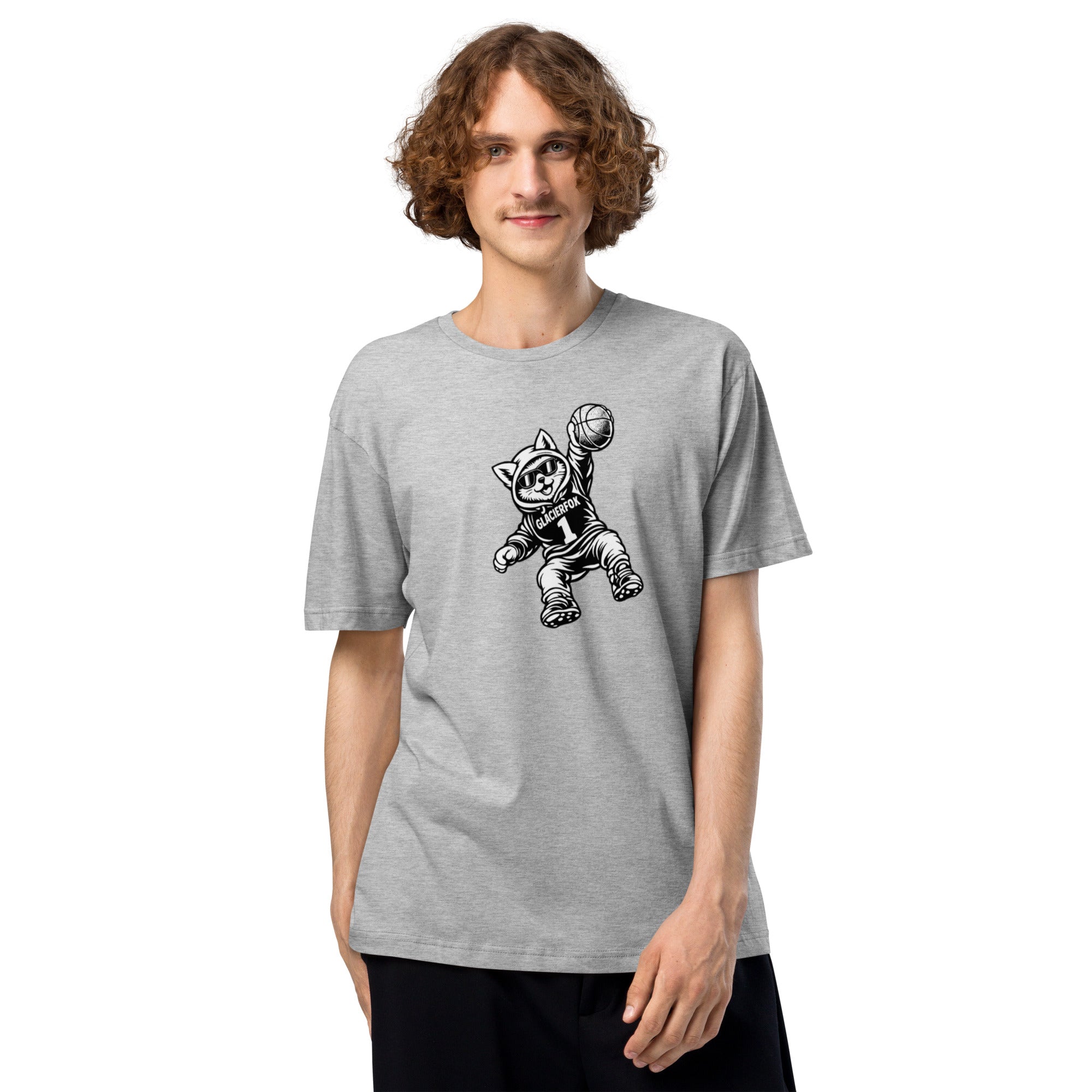 Model wearing GlacierFox men’s Gilbert Slam Dunk t-shirt featuring the Gilbert basketball character graphic on the front in Heather