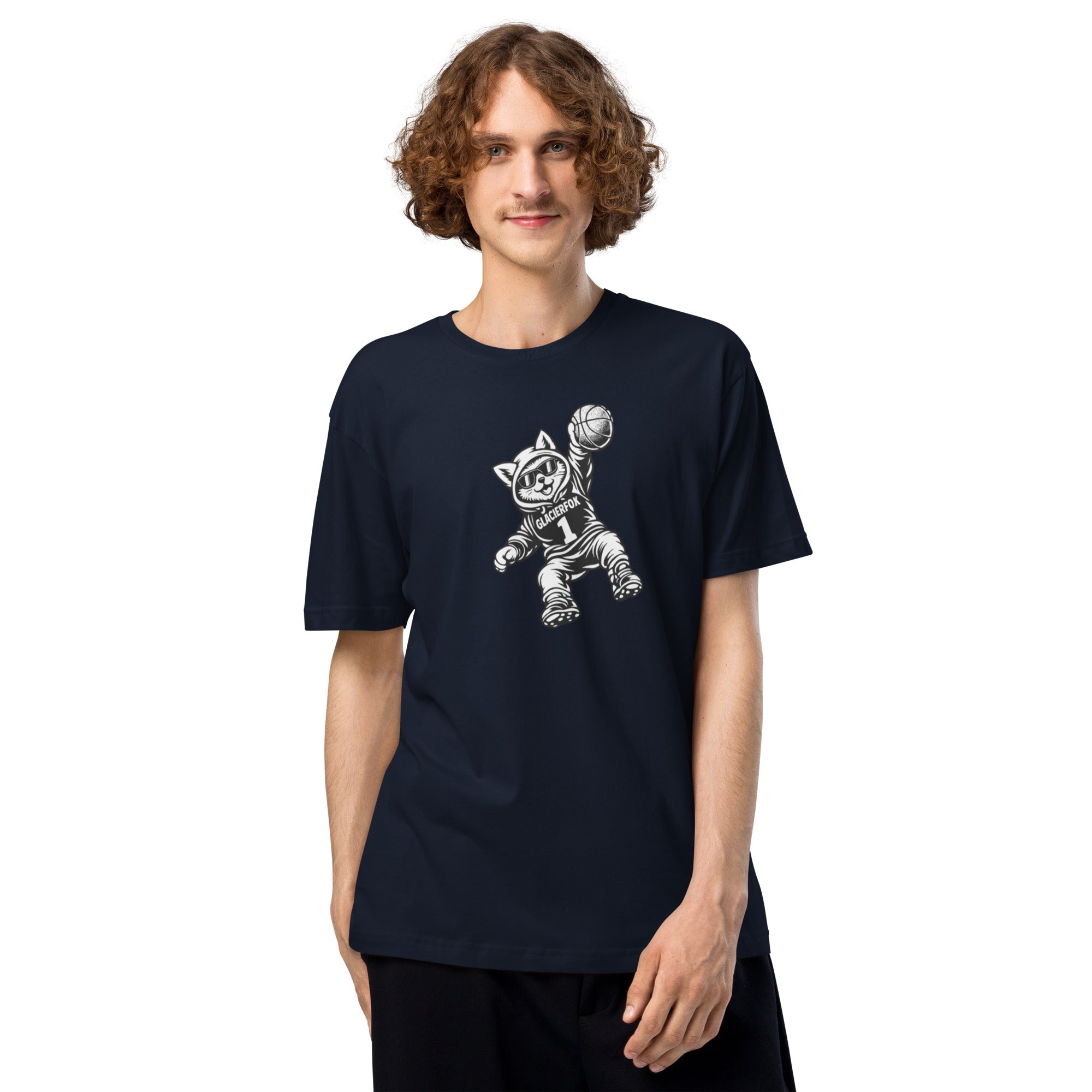 Product mockupModel wearing GlacierFox men’s Gilbert Slam Dunk t-shirt featuring the Gilbert basketball character graphic on the front in Navy