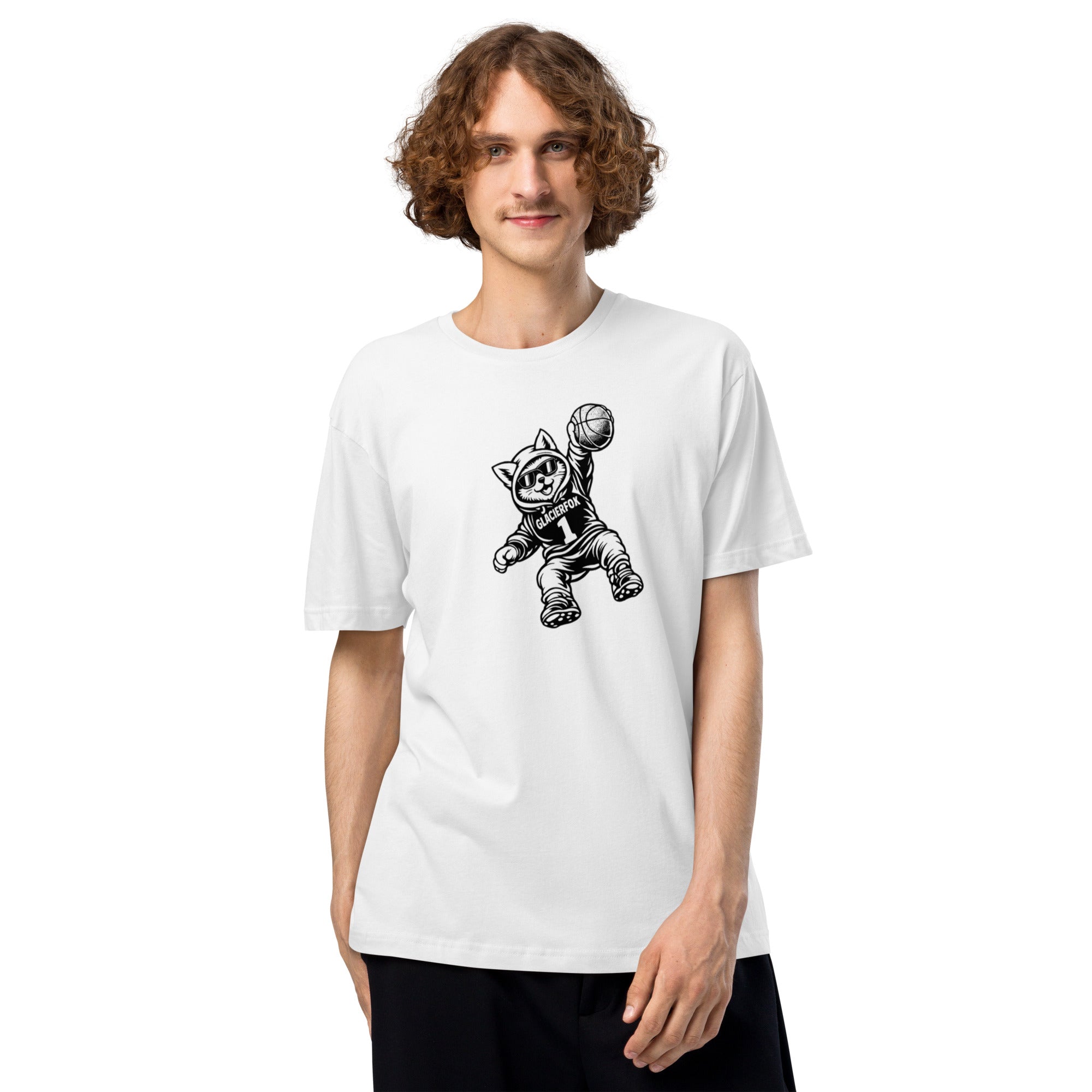Model wearing GlacierFox men’s Gilbert Slam Dunk t-shirt featuring the Gilbert basketball character graphic on the front in White