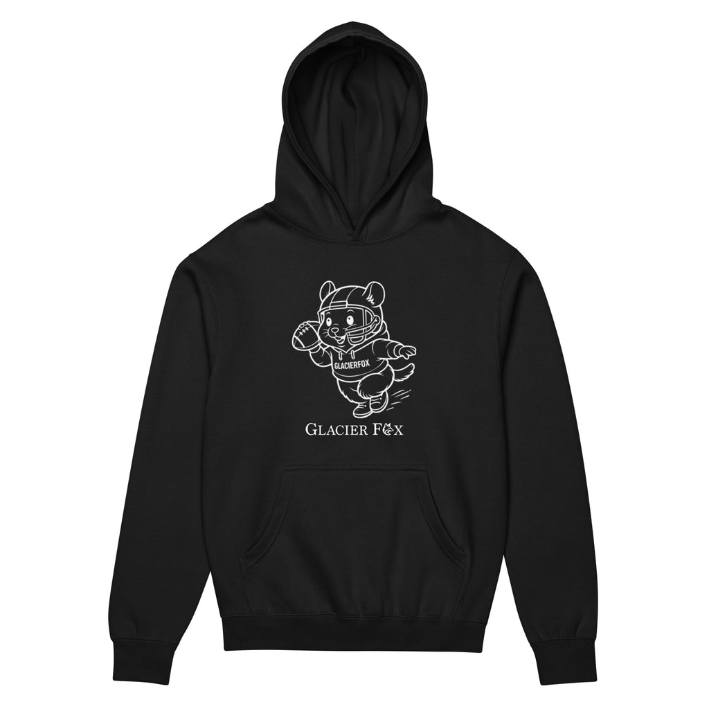 GlacierFox men’s Mr Cheeks Quarterback hoodie featuring the Mr Cheeks football character graphic on the front in Black