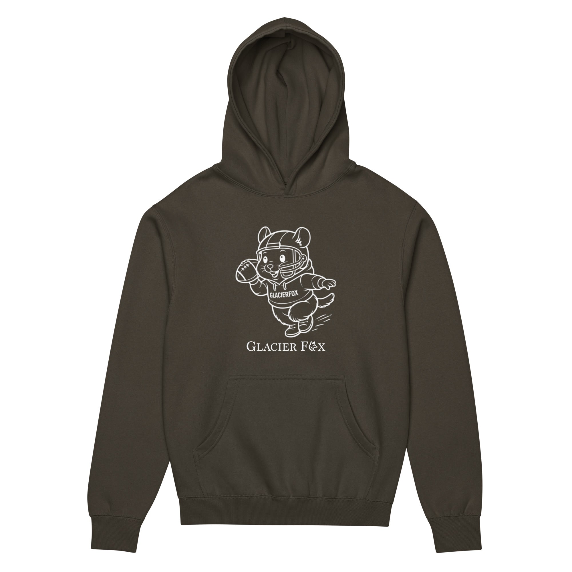 GlacierFox men’s Mr Cheeks Quarterback hoodie featuring the Mr Cheeks football character graphic on the front in Vintage Black