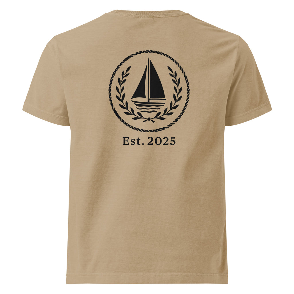 Back view of GlacierFox men’s Sailing Club t-shirt featuring the Sailing Club back design and clean oversized streetwear silhouette in Khaki