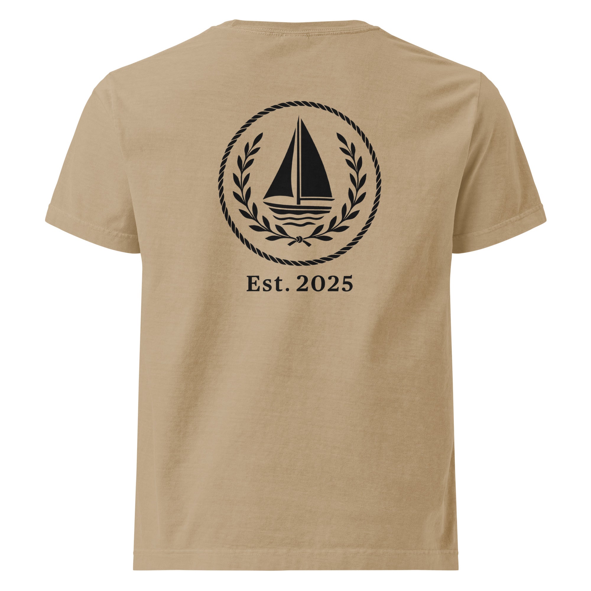 Back view of GlacierFox men’s Sailing Club t-shirt featuring the Sailing Club back design and clean oversized streetwear silhouette in Khaki