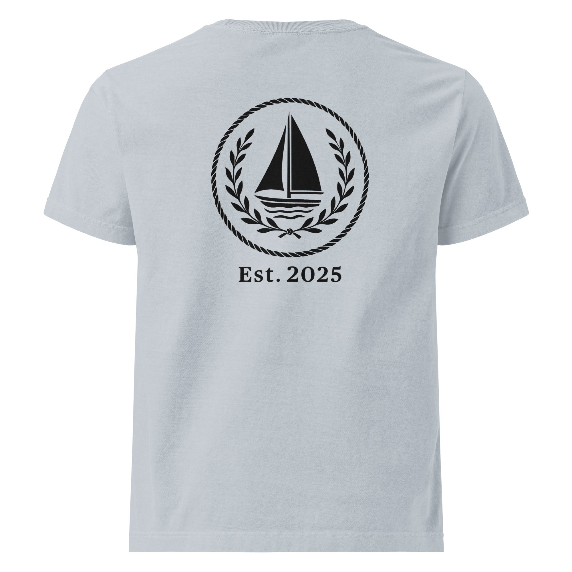Back view of GlacierFox men’s Sailing Club t-shirt featuring the Sailing Club back design and clean oversized streetwear silhouette in Light Washed Denim