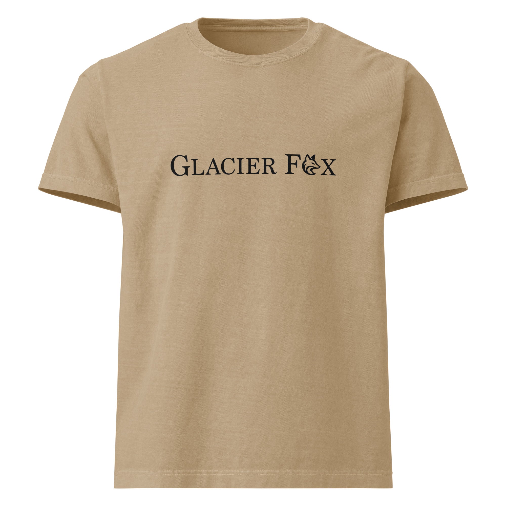 GlacierFox men’s Sailing Club t-shirt featuring a black GlacierFox logo on the front and oversized modern streetwear fit in Khaki