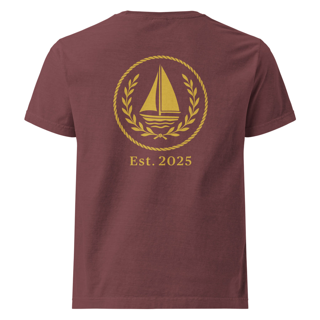 Back view of GlacierFox men’s Sailing Club t-shirt featuring the Sailing Club back design and oversized streetwear silhouette in Maroon