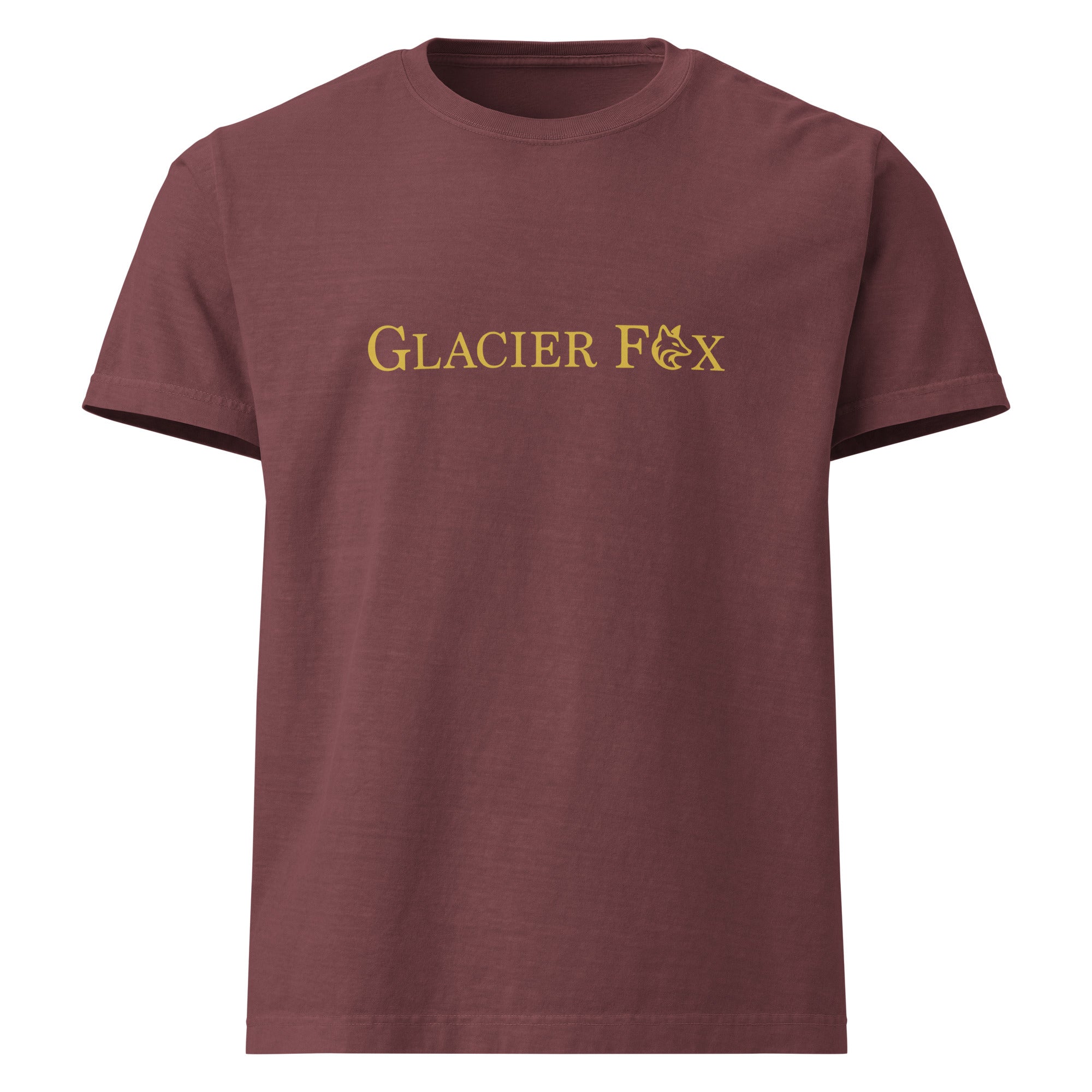 GlacierFox men’s Sailing Club t-shirt featuring a gold GlacierFox logo on the front and oversized streetwear fit in Maroon