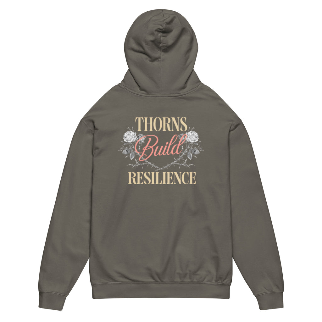 Back view of GlacierFox men’s Thorns Build Resilience hoodie featuring bold “Thorns Build Resilience” typography design in pepper