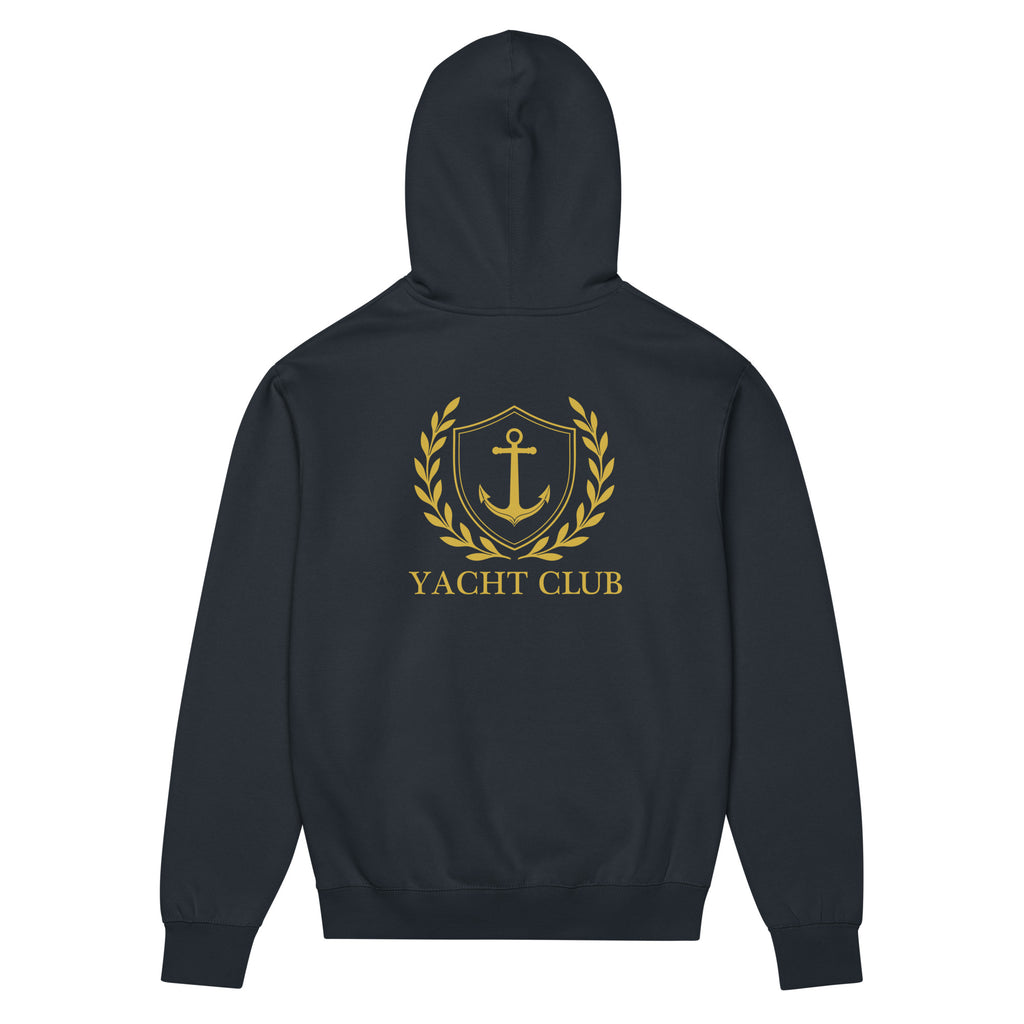Back view of GlacierFox men’s Yacht Club hoodie featuring the Yacht Club back design and clean oversized streetwear silhouette in Navy Blazer