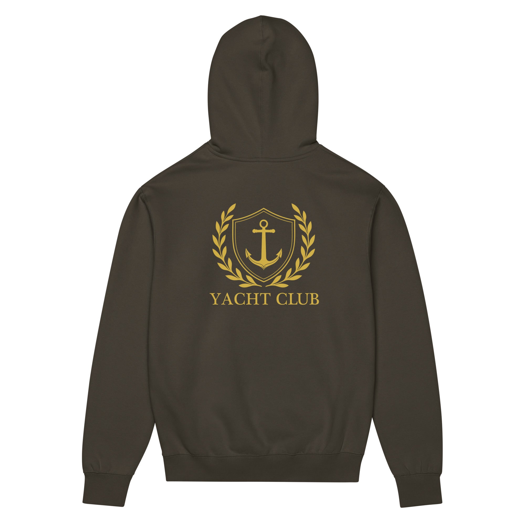 Back view of GlacierFox men’s Yacht Club hoodie featuring the Yacht Club back design and clean oversized streetwear silhouette in Vintage Black