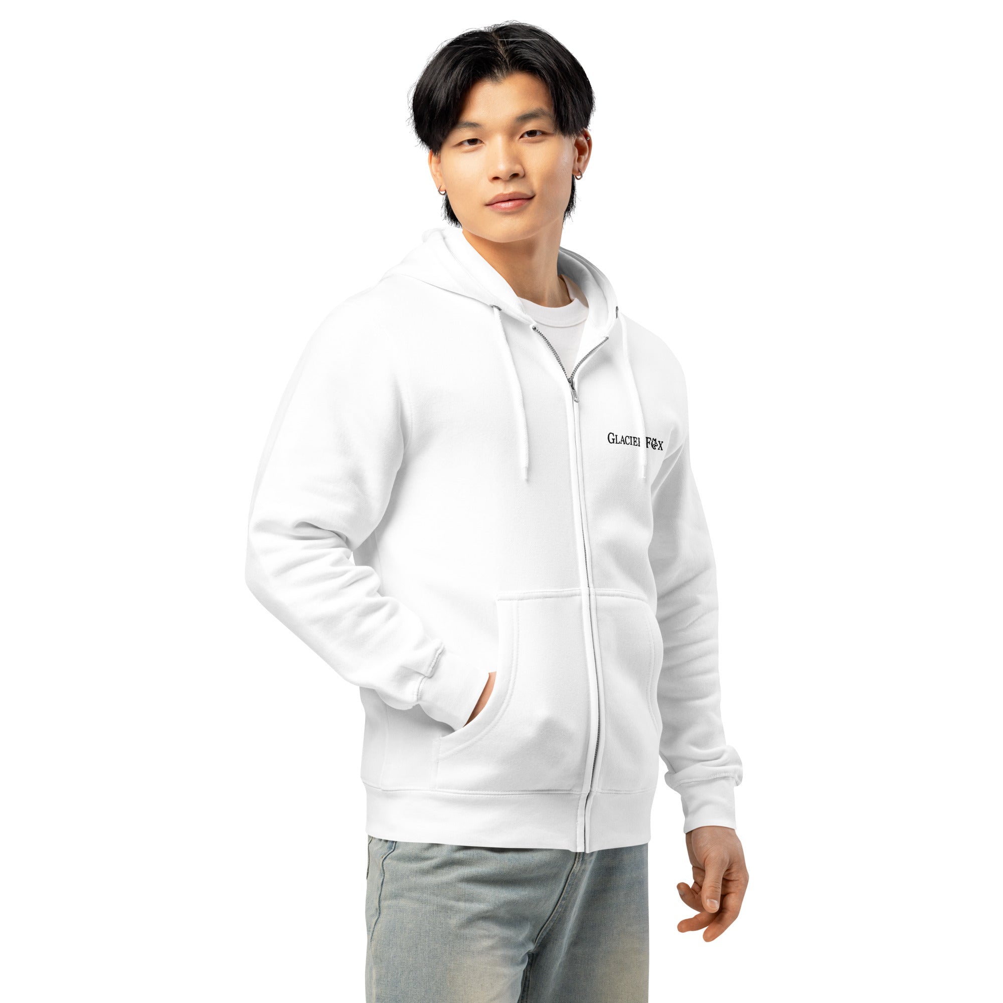 Side view of model wearing GlacierFox men’s zip hoodie with black embroidered logo and relaxed streetwear silhouette in White