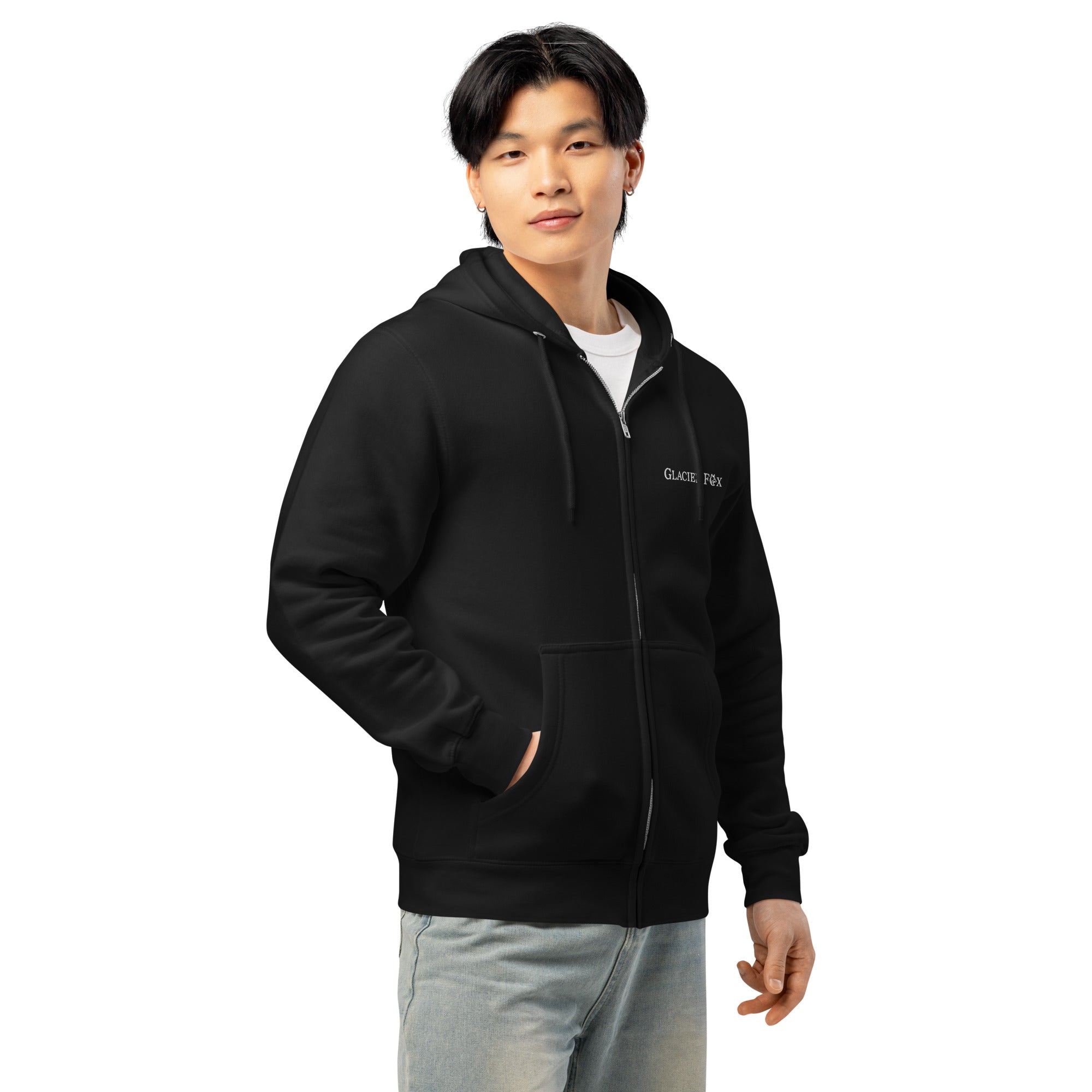 Side view of model wearing GlacierFox men’s zip hoodie with white embroidered logo and relaxed streetwear silhouette in Black