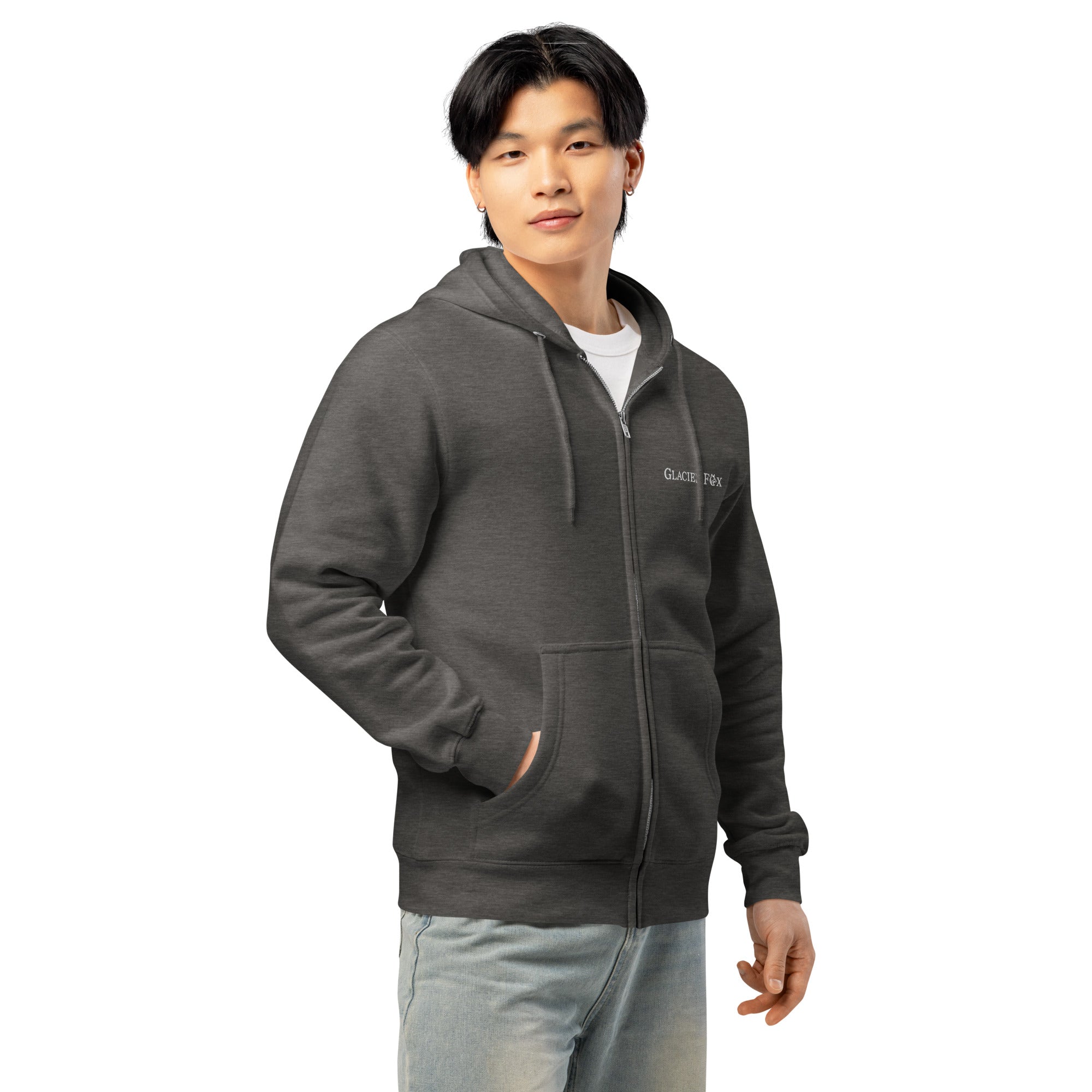 Side view of model wearing GlacierFox men’s zip hoodie with white embroidered logo and relaxed streetwear silhouette in Charcoal