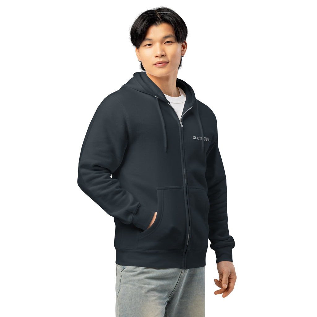 Side view of model wearing GlacierFox men’s zip hoodie with white embroidered logo and relaxed streetwear silhouette in Navy