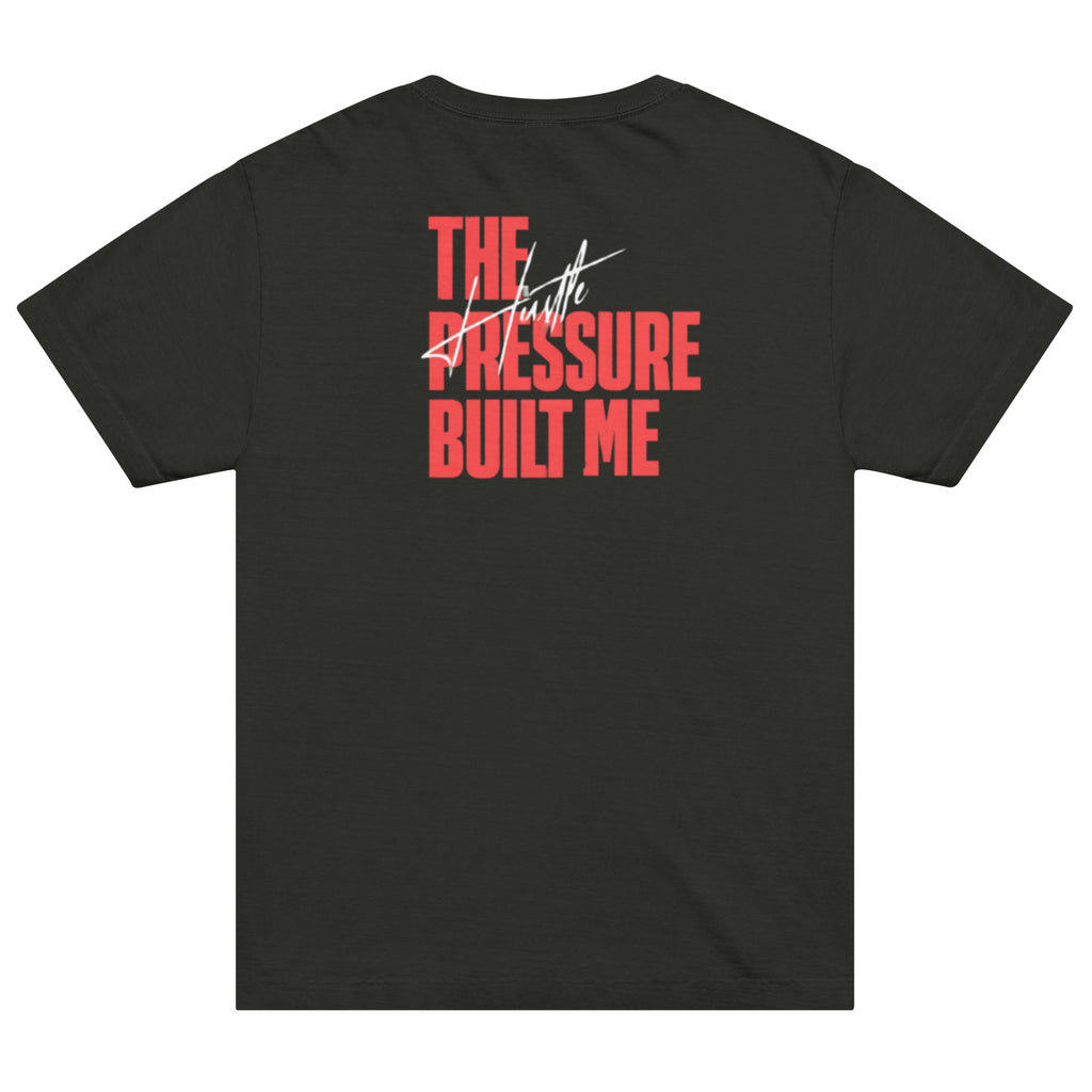 Back view of GlacierFox men’s The Pressure Built Me t-shirt featuring bold motivational typography design in Black
