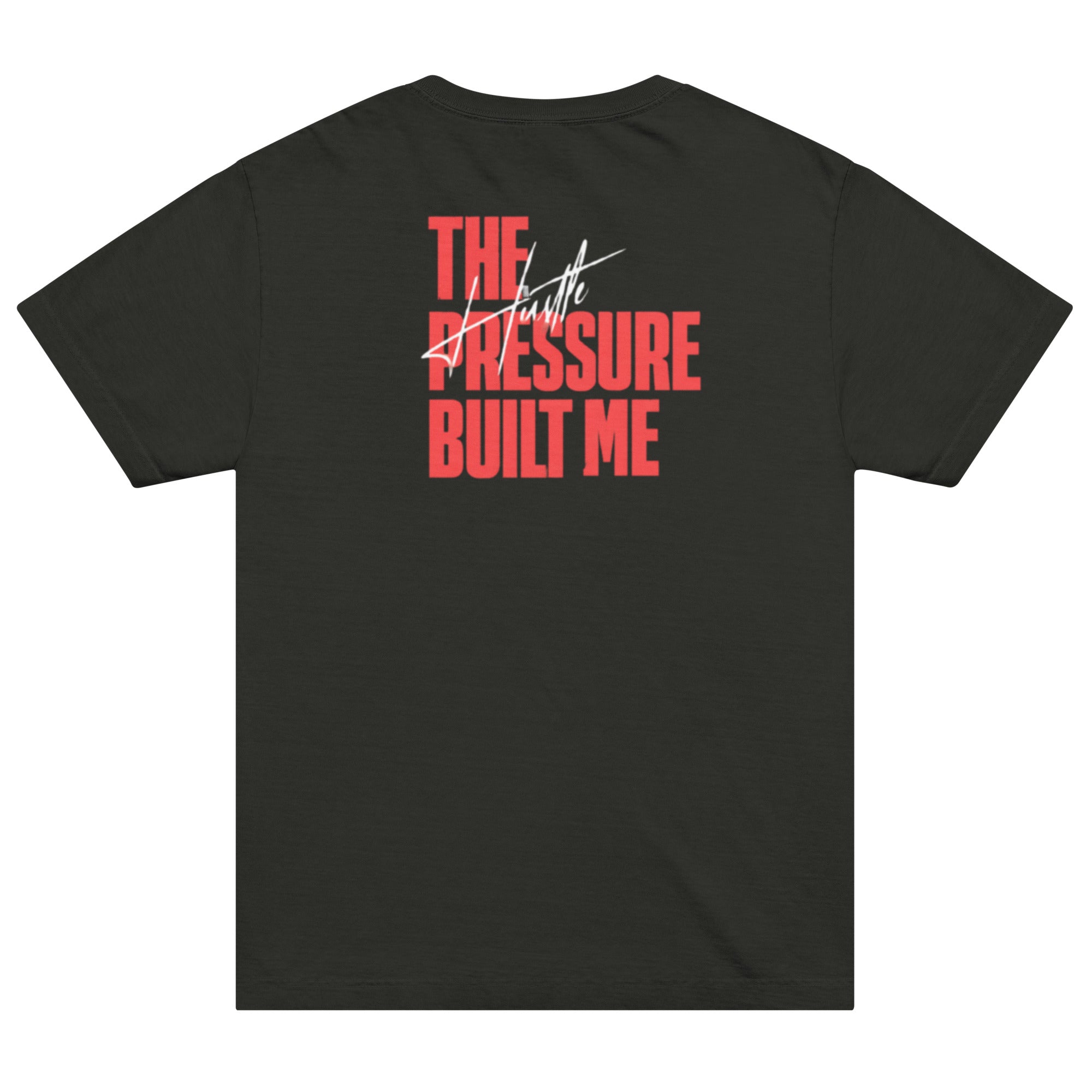 Back view of GlacierFox men’s The Pressure Built Me t-shirt featuring bold motivational typography design in Black