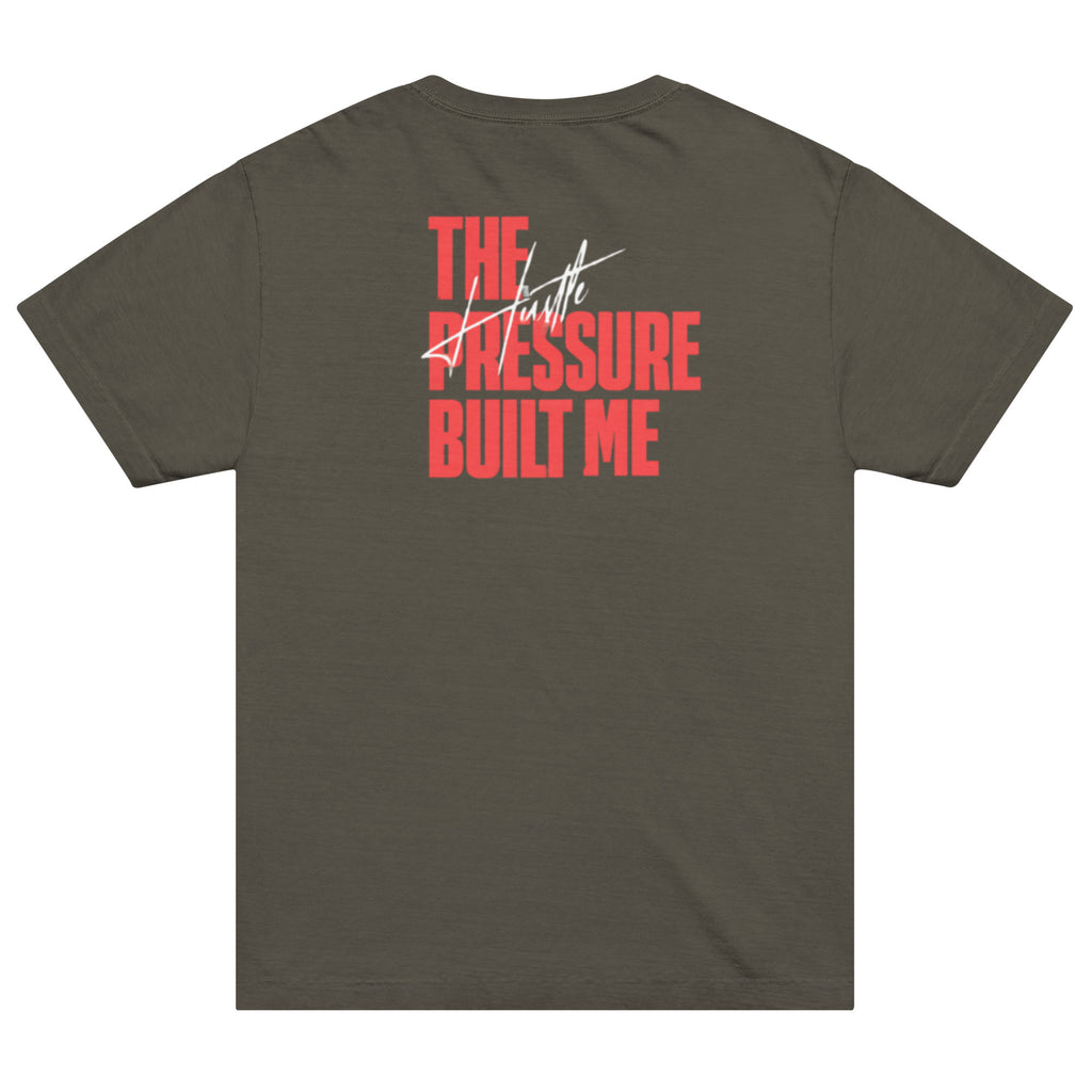 Back view of GlacierFox men’s The Pressure Built Me t-shirt featuring bold motivational typography design in Charcoal Black